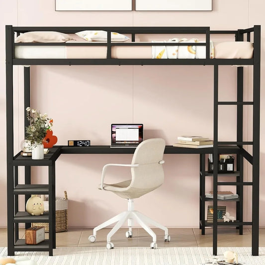 Full Size Loft Bed with Desk and Storage Shelves, Heavy Duty Metal Loft Bed with L-Shaped Desk and Ladder, Full Size Loft Bed