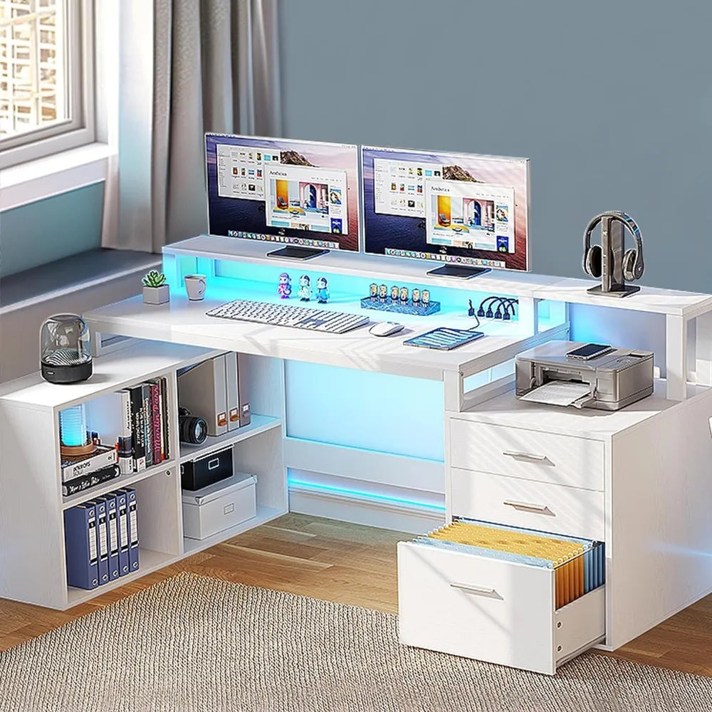 Bureau en L avec 3 tiroirs, bureau d'ordinateur d'angle de 65 pouces avec prises de courant et lumières LED, bureau en L avec armoire et support d'imprimante