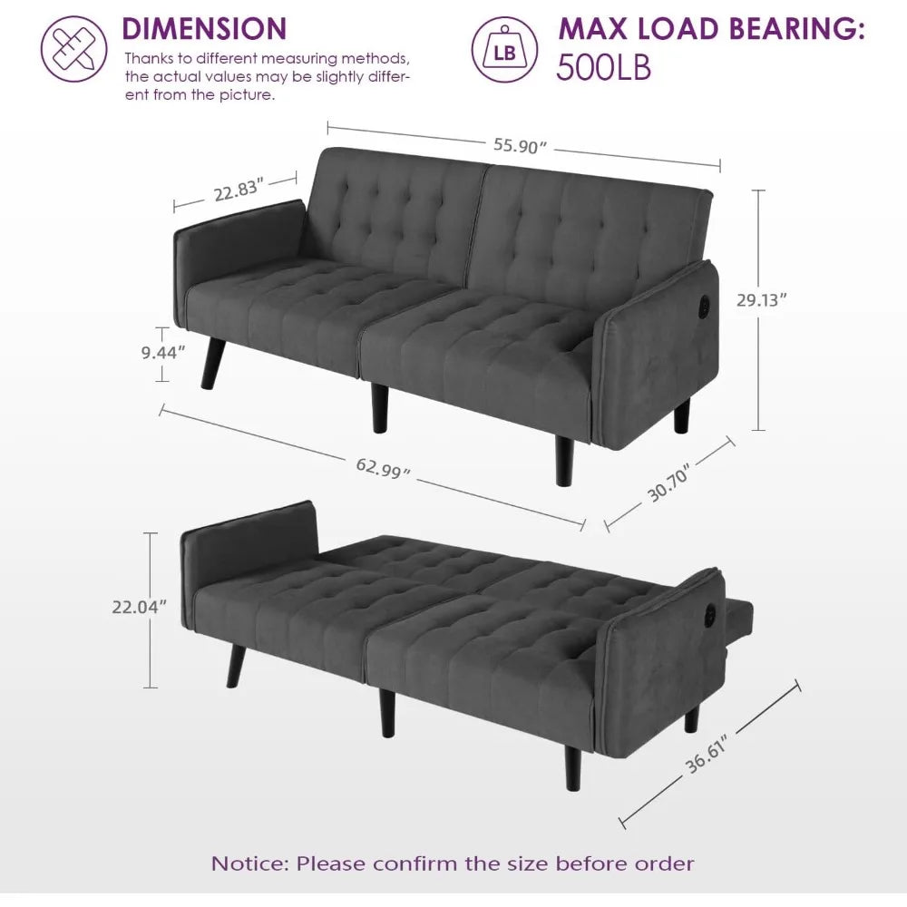 Canapé-lit futon convertible de 65 po avec 2 ports USB, petit canapé-lit pliant réglable rembourré, canapé-lit du milieu du siècle