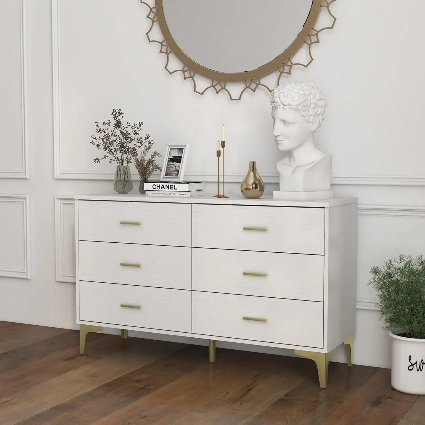 Dresser, Modern 6-drawer Wooden Side Chest of Drawers, Wide Drawers and Storage with Metal Gold Handles,Dressers