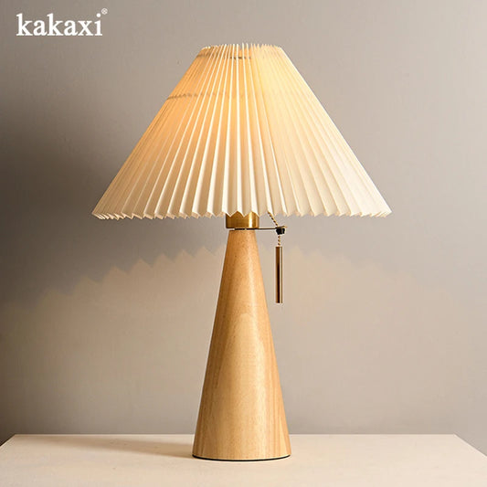 Nordic Three-Color Solid Wood Vintage Pleated Reading Lamp Bedroom Home Decoration Lighting Lamp Lede27 Bulb