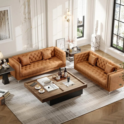 79'' Modern Sofa Couch for Living Room, with Deep Seats and 2 Pillows, Handmade Button Tufted Leather Couch Brown