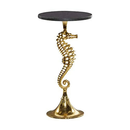 Table d'appoint côtière en aluminium doré avec base en hippocampe, plateau rond, plateau en marbre, décoration d'intérieur sophistiquée