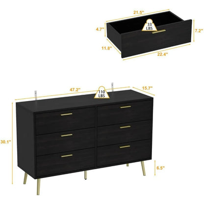 Chest of Drawers 6 Drawer Dresser, Drawer Chest 6 Drawer Cabinet with Gold Metal Legs, Modern & Contemporary Dresser