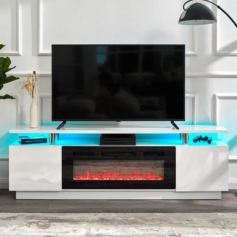 Fireplace TV Stand with 36" Fireplace, 70" Modern High Gloss Fireplace Entertainment Center LED Lights, 2 Tier TV Console