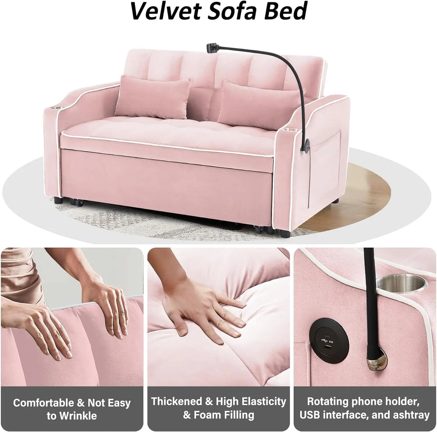 3 in 1 Sleeper Sofa Couch Bed,Velvet Convertible Loveseat Sleeper Sofa Bed,Pull Out Sofa Bed With USB Port & Ashtray