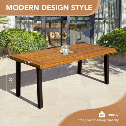 Wood Dining Table 6-Person Indoor Outdoor Table with Iron Legs, Natural Stained, Rustic Metal, Advanced Material 69*33*30 Inch