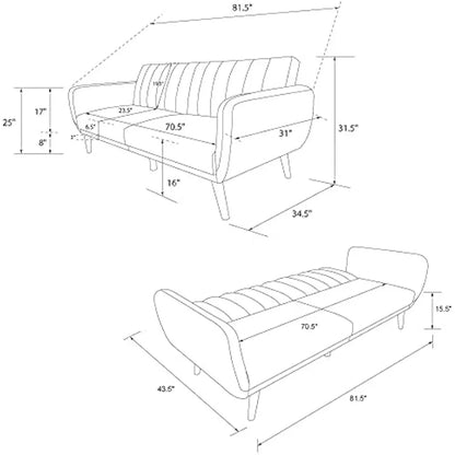 Sofa Futon, Premium Linen Upholstery and Wooden Legs, Blue Linen