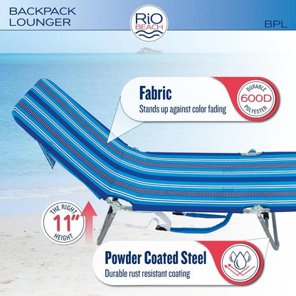 Chaise longue de plage pliable portable avec sac à dos, sangles de sac à dos et pochette de rangement, chaises longues d'extérieur toutes saisons.