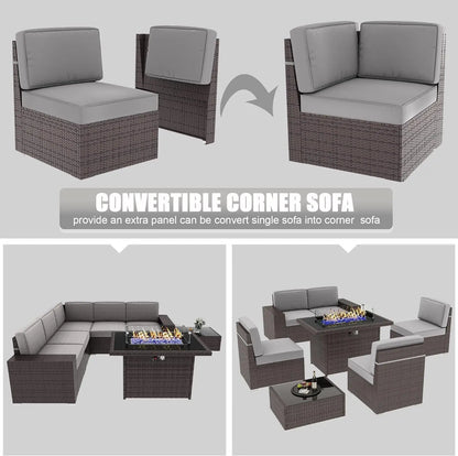 Juego de muebles de patio de 8 piezas con mesa para fogata a gas propano de 44", juego de sofá de mimbre y ratán y mesa de centro Rattan Möbel