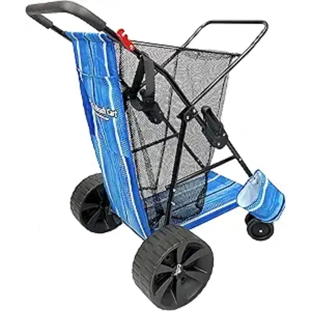 Heavy Duty Folding Design - Large Wheels for Sand - Holds 4 Beach Chairs - Storage Pouch - Beach Umbrella