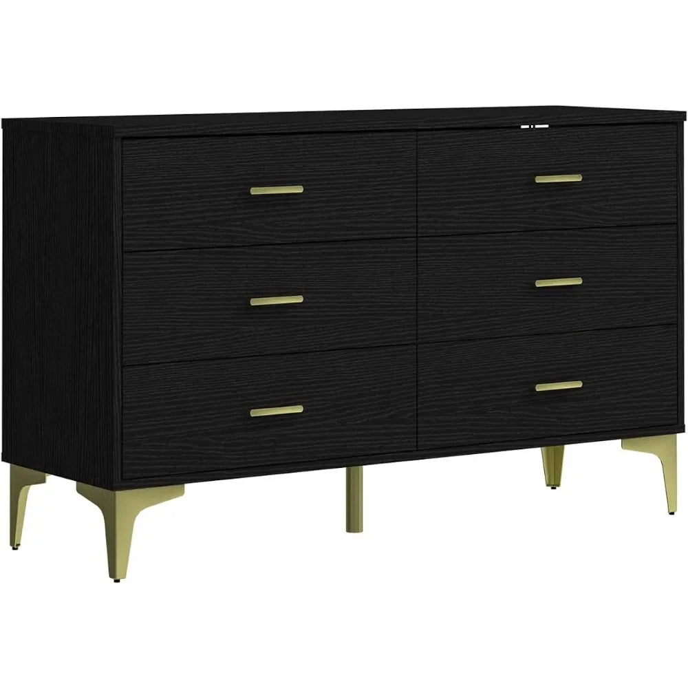 Dresser, Modern 6-drawer Wooden Side Chest of Drawers, Wide Drawers and Storage with Metal Gold Handles,Dressers