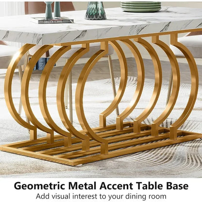 Mesa de comedor moderna, mesa de cocina de madera de imitación de mármol de 63 pulgadas para 6 personas, mesa de comedor rectangular con marco geométrico