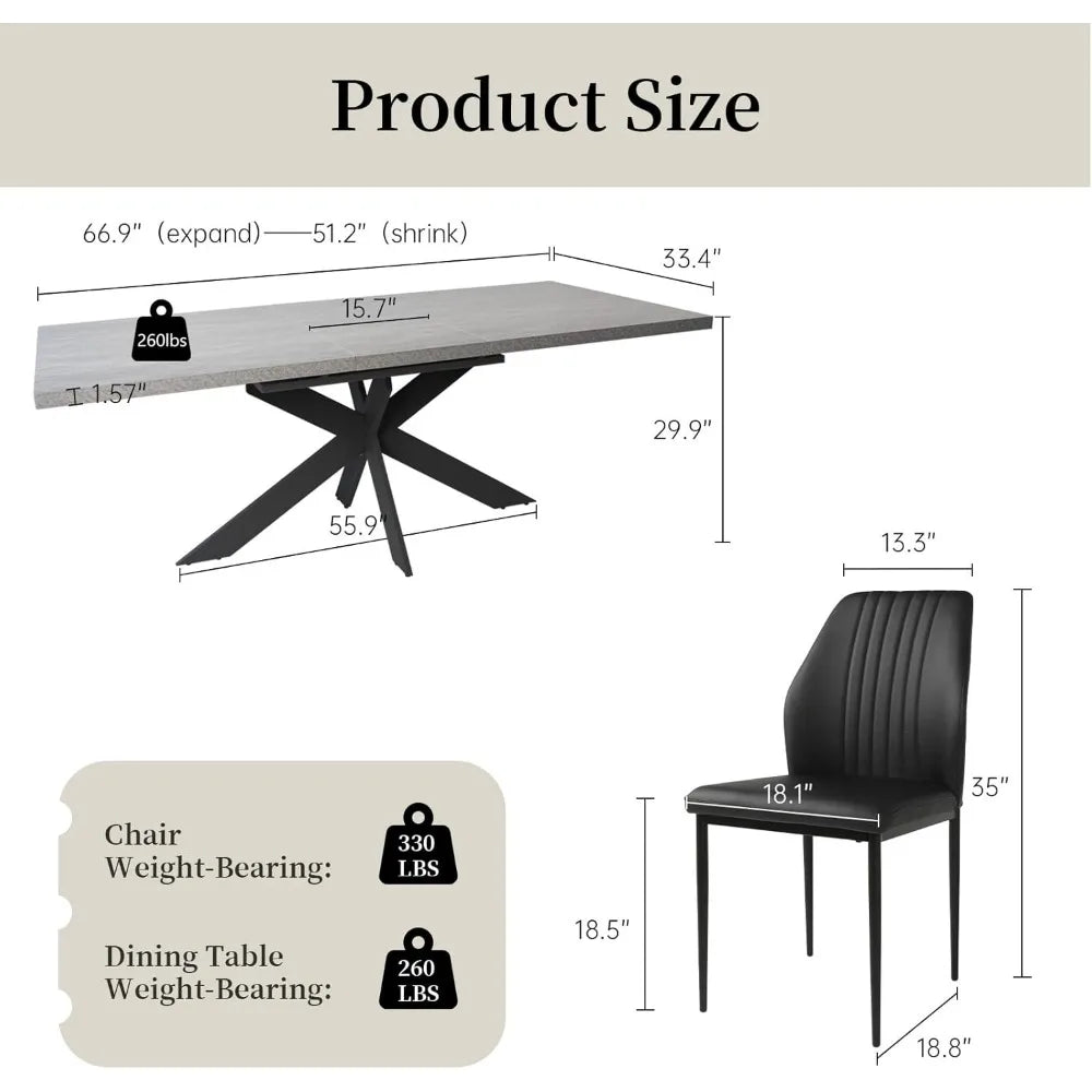 Table à manger rectangulaire pour 6 à 8 personnes, extensible et peu encombrante, avec cadre en métal, table à manger en bois et 6 chaises rembourrées