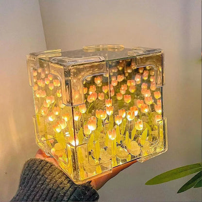 Lampe cube miroir tulipe à faire soi-même, simulation de fleur, lampe de table de chambre à coucher, petite veilleuse tulipe faite à la main, paquet cadeau