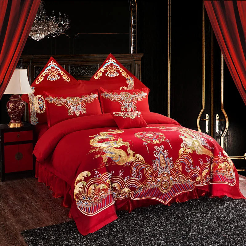 Four-piece set big red embroidered newlywed bedding wedding festive set dragon and phoenix quilt embroidered bedding bed sheets quilt cover