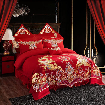 Juego de cuatro piezas, ropa de cama grande bordada en rojo para recién casados, conjunto festivo para bodas, edredón con dragón y fénix, ropa de cama bordada, sábanas, funda de edredón