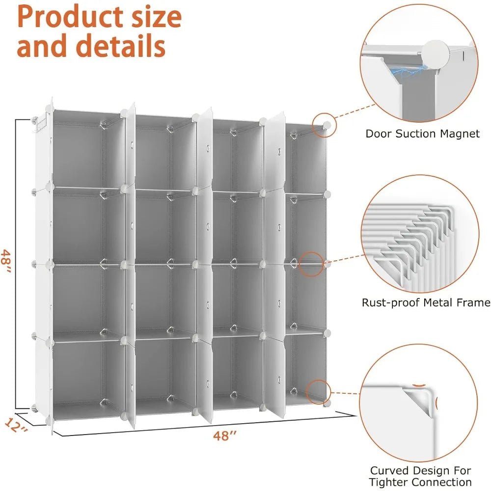 Portable Closet Wardrobe, 16-Cube Clothes Storage Organizer, Bedroom Furniture, White, Bedroom Wardrobe