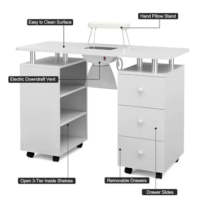 Manicure Table Nail Desk W/Electric Dust Collector, Nail Makeup Storage for Beauty Salon W/Lockable Wheels,Wrist Cushion