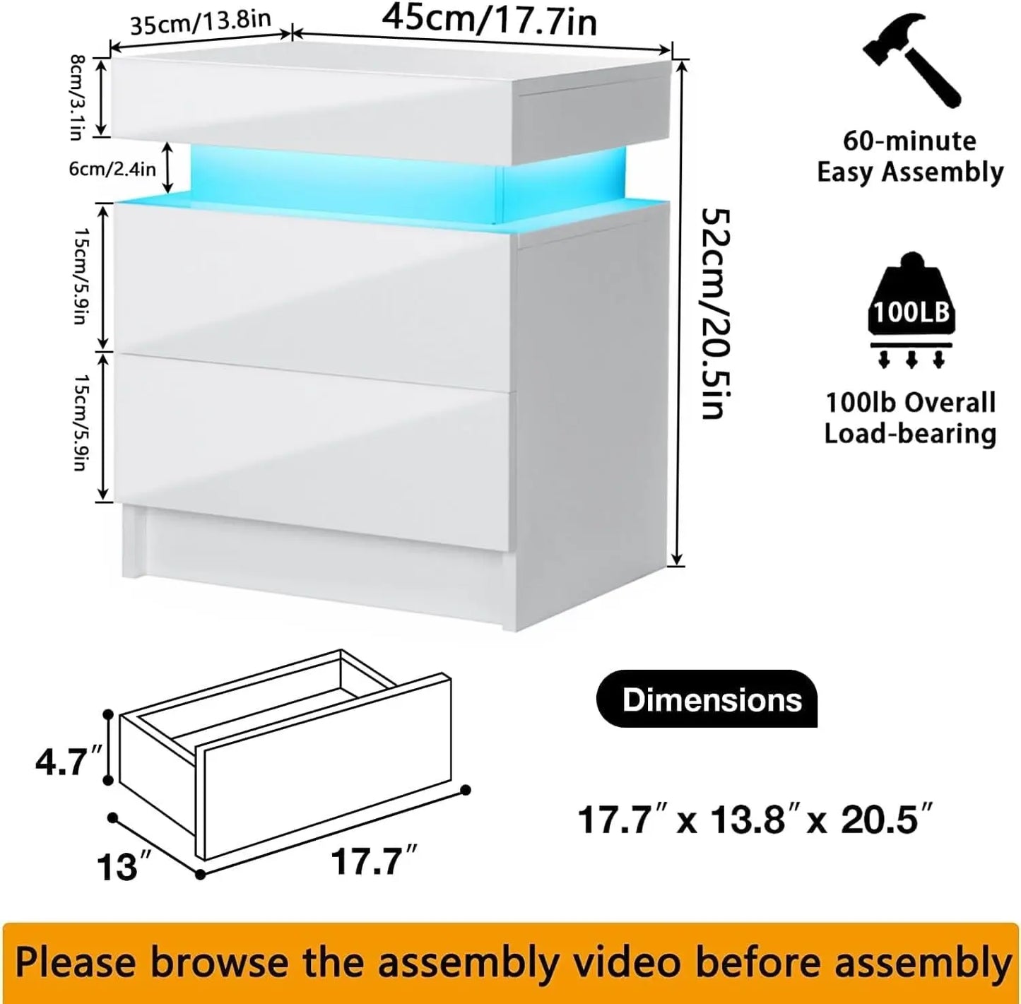 LED Nightstand White Nightstand with Led Lights Modern Night Stand with 2 High Gloss Drawers Led Bedside Table Smart Nigh