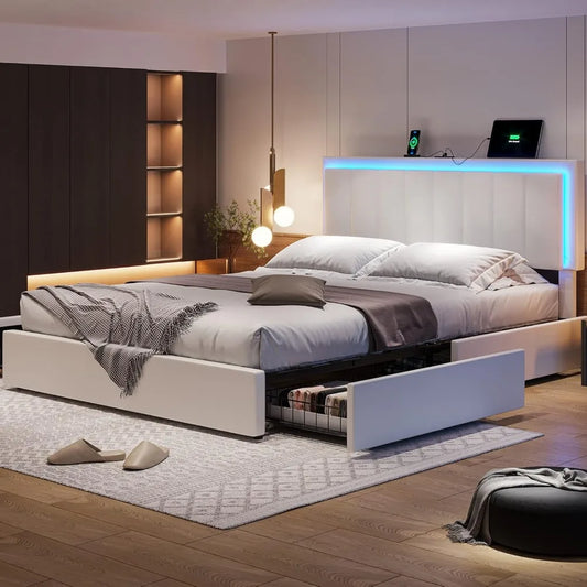 Cama, estructura de cama completa con 4 cajones de almacenamiento, plataforma de cama completa con luz LED y estación de carga, cama tapizada en cuero artificial