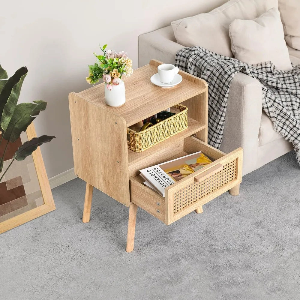 Rattan Nightstands Set of 2, Cane Accent Bedside End Table with Solid Wood Legs for Bedroom, Dorm and Small Spaces