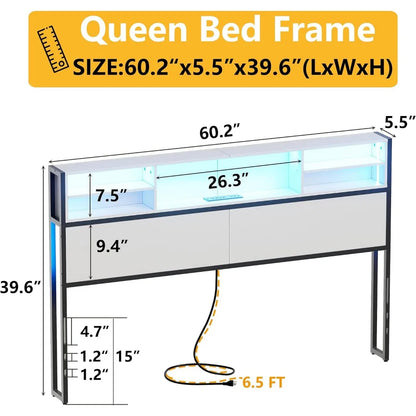 Headboard Queen Size，with Outlets, USB Ports and RGB LED Light, 4-Tier Storage  , Height Adjustable, Headboard Queen Size