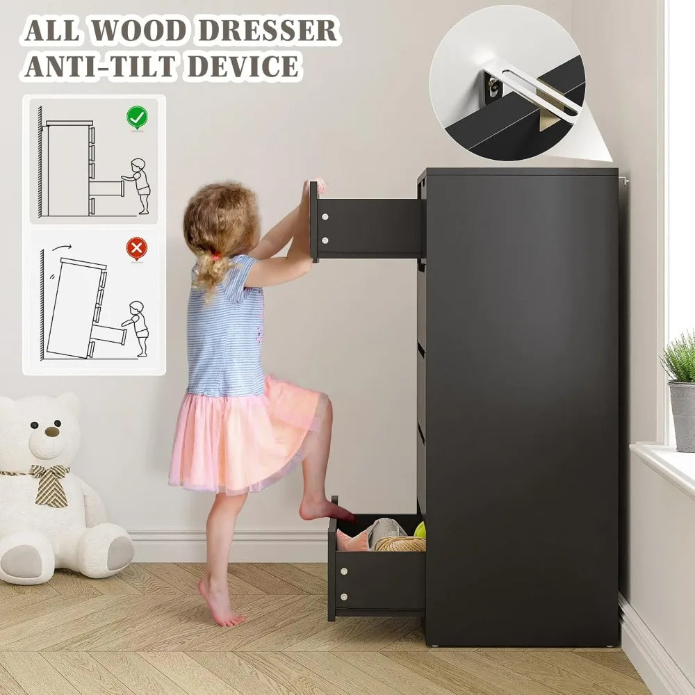 Cómoda para dormitorio, cómoda con 6 cajones de madera, cómoda alta con organizador grande, cómodas y cajones de madera color negro