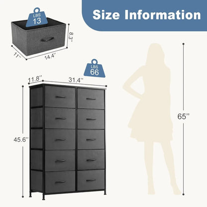 Cómoda para dormitorio con cajones de almacenamiento, torre de almacenamiento de tela con 10 cajones, cómoda y contenedores de tela, estructura de metal resistente