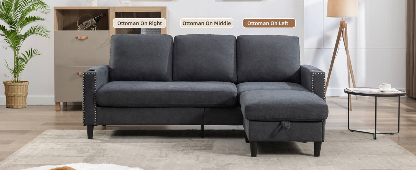 Sofás seccionales convertibles para sala de estar, sofá en forma de L, sofás de 3 plazas con chaise longue con espacio de almacenamiento y 2 portavasos, muebles para el hogar