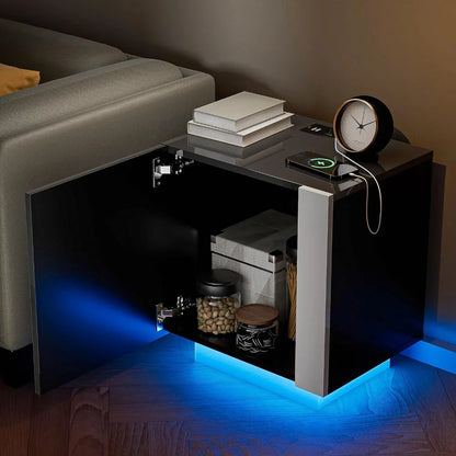 Tables de chevet, table de chevet haute brillance avec station de charge et armoire de rangement à lumières LED, armoire de rangement pour table de chevet pour chambre à coucher