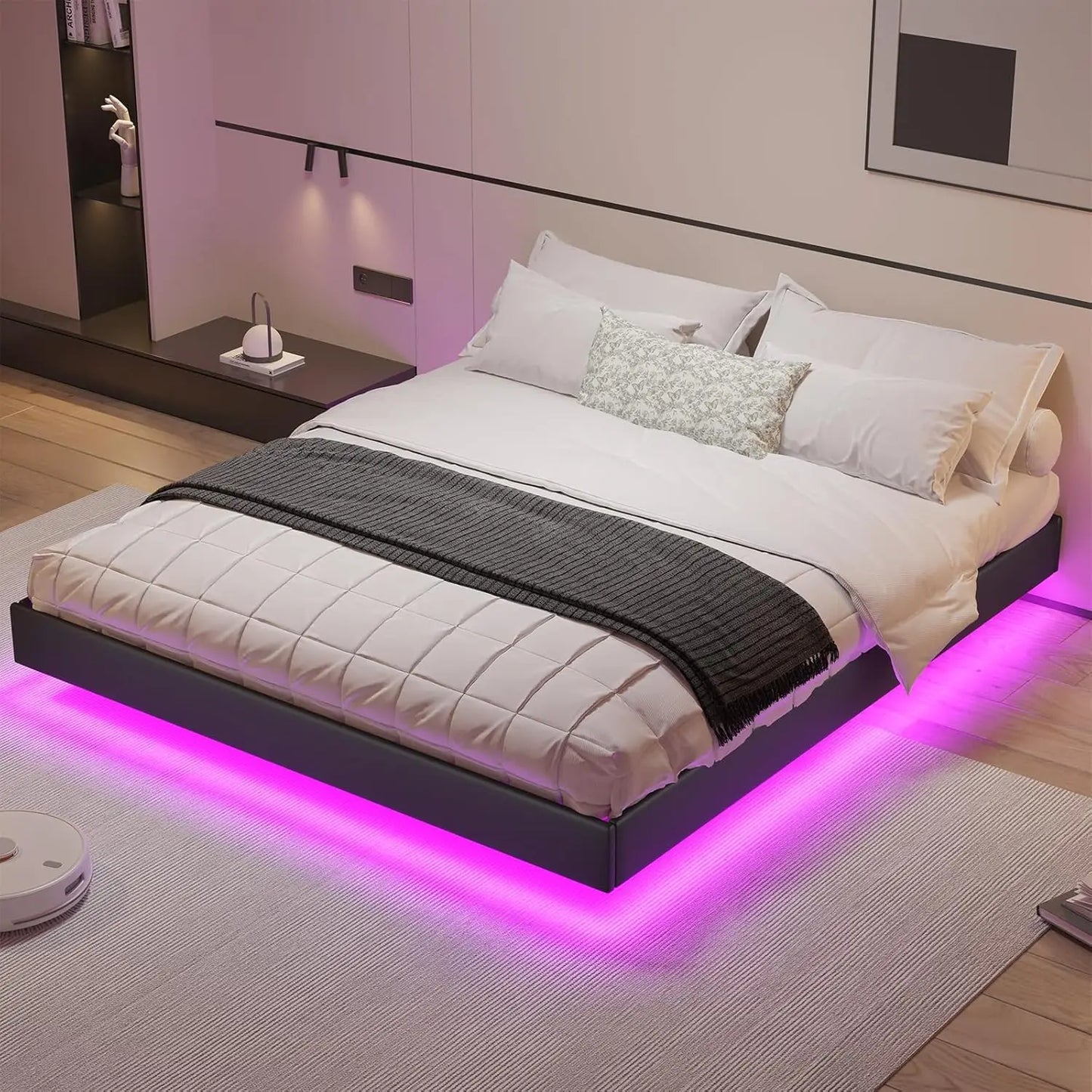 Cadre de lit flottant Queen Size Cadre de lit Queen flottant avec lumières LED Cadre de lit plateforme Queen moderne à LED avec lattes en bois massif