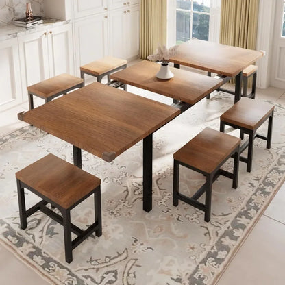 7-Piece Extendable Dining Set, 63" Table with 6 Stools, Mid-Century Style, Heavy-Duty Frame, Easy Assembly (Walnut)