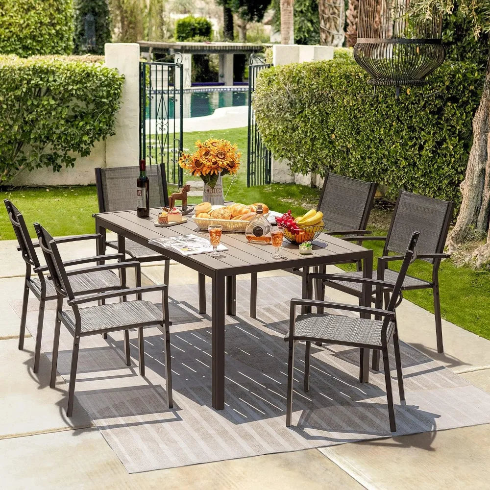 7 Pieces Patio Dining Set Outdoor Furniture with 6 Stackable Textilene Chairs and Large Table for Yard, Garden, Porch , Grey