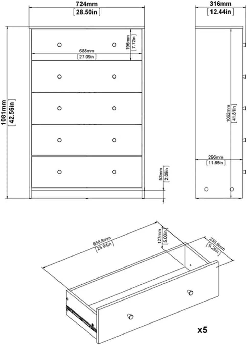 5 Drawer Chest, Modern Dresser Chest of Drawers, Tall Wood Dresser Storage Cabinet for Living Room, Entryway, White