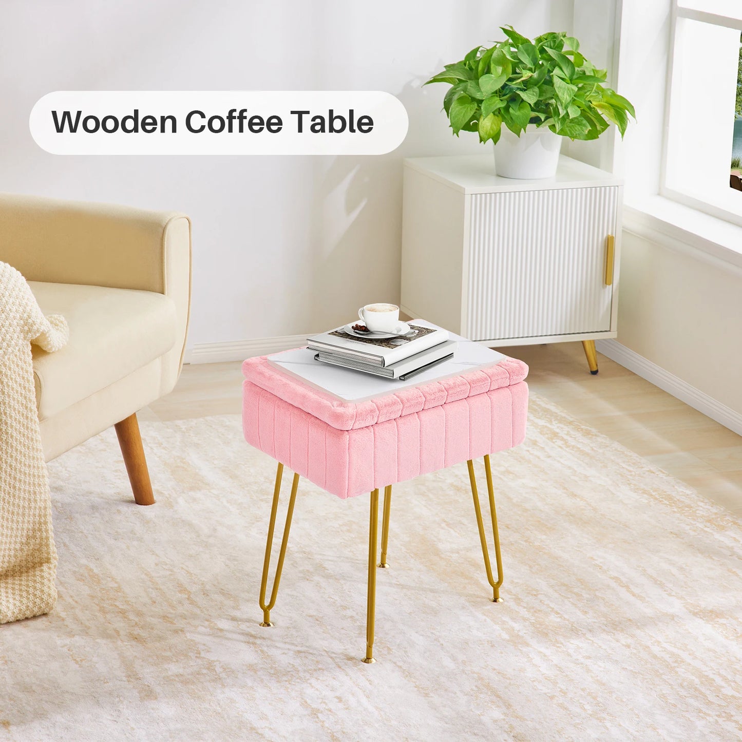 Taburete de tocador REDLIFE con almacenamiento, taburete de maquillaje de piel sintética, mueble de tocador con patas de metal dorado para dormitorio y sala de estar