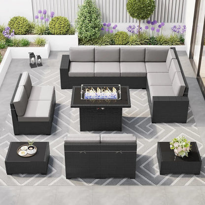 8 Piece Patio Furniture Set with 44" Propane Gas Fire Pit Table, Set Wicker Rattan Sofa Set and Coffee Table Rattan Möbel