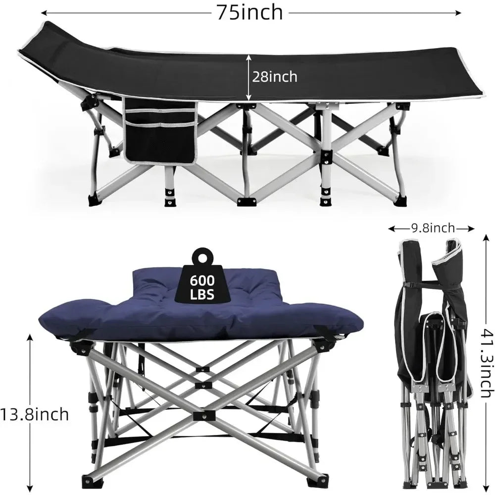 Lit de camp portable, lit de couchage pour adulte, lit pliant extra large et robuste de 28 pouces, charge maximale de 600 lb avec matelas épais