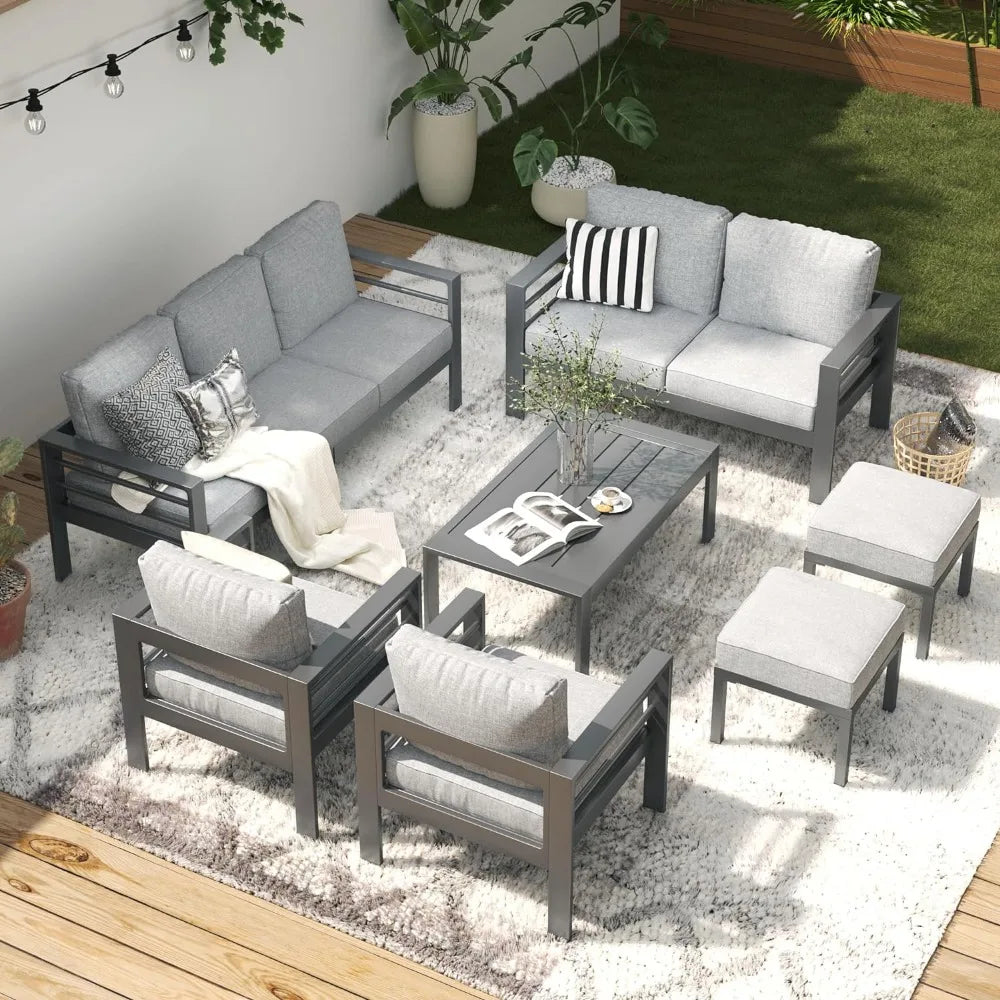 Aluminium Patio Furniture Set, Modern Outdoor Patio Furniture with Coffee Table, Set of 7 with Grey Cushions，Light Grey