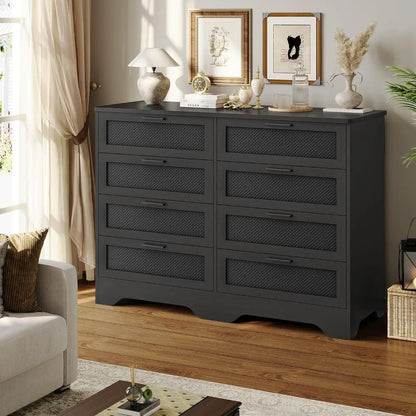 Black Dresser for Bedroom,Modern 8 Drawers Long Dresser with Woven Leather Design,Wooden Large Capacity Storage Chest of Drawers