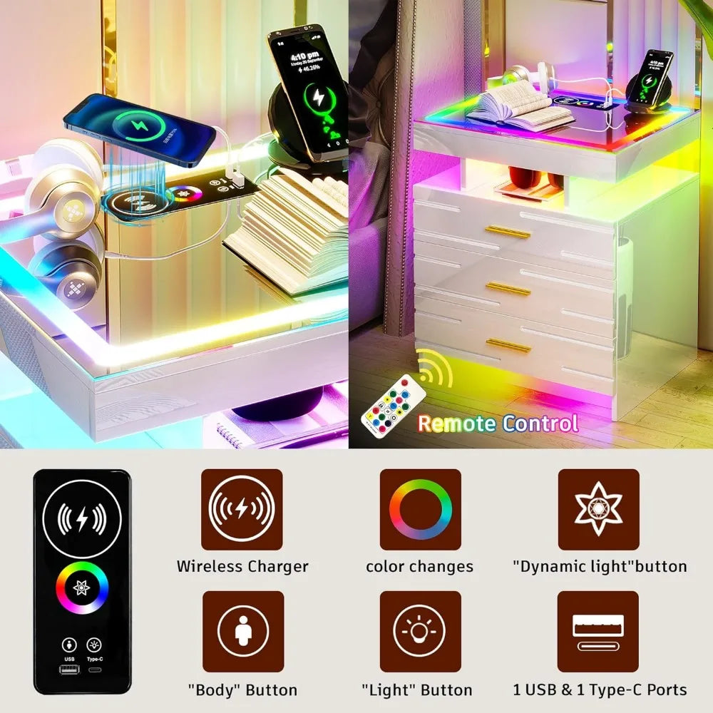 Muebles de dormitorio de cristal con pantalla táctil Mesita de noche con LED RGB Mesita de noche con estación de carga Inicio