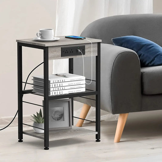 3-Tier Nightstands with Charging Station, End Side Table Bedside Table Furniture