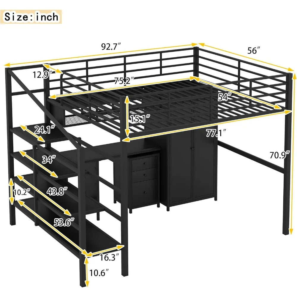 Cama alta completa con escritorio y armario, cama alta con escaleras de almacenamiento, cama alta de tamaño completo para adultos, niños y adolescentes, de metal, color negro