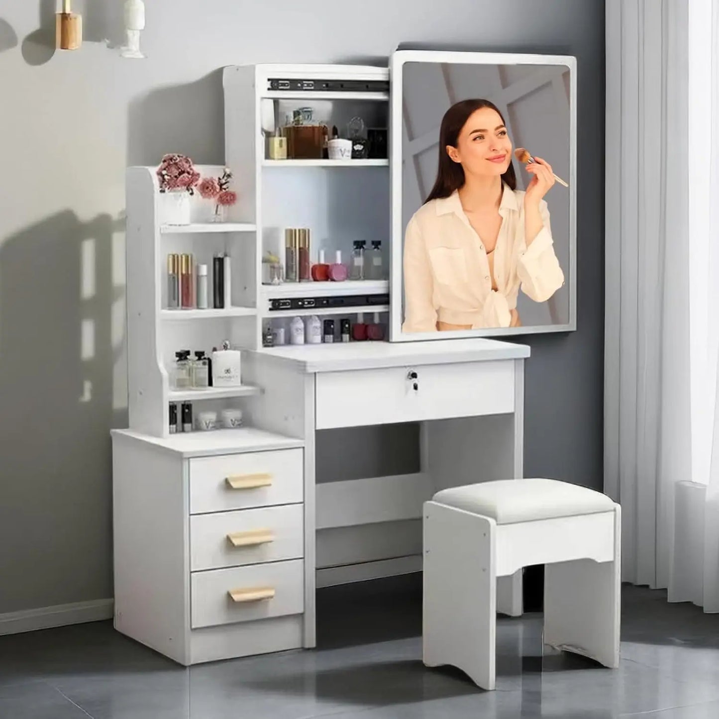 Coiffeuse, table de maquillage avec miroir, tabouret, unité de rangement à 4 tiroirs et 3 étagères, coiffeuse blanche pour meubles de chambre à coucher