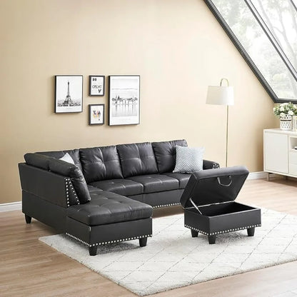 L-Shape 6 Seat Living Room Sofa, Faux Leather Upholstered, with Removable Ottoman, Black Sofa