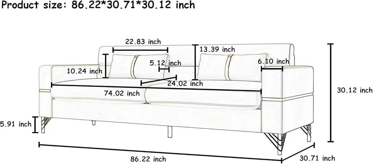 Sofá de terciopelo de 3 plazas de 86 pulgadas de gran tamaño con 2 almohadas, sofá moderno de dos plazas con reposabrazos, cómodo sofá cama capitoné para dormitorio, sala de estar