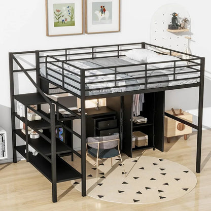 Cama alta completa con escritorio y armario, cama alta con escaleras de almacenamiento, cama alta de tamaño completo para adultos, niños y adolescentes, de metal, color negro