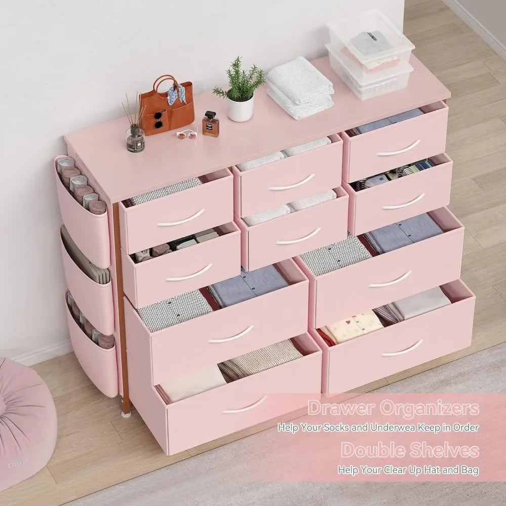 Dresser for Bedroom with 10 Drawers, Dressers & Chest , Long Fabric Storage Drawer with Wood Tabletop for Closet,Entryway (Pink)