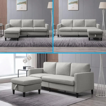 Sofa with storage ottoman 78" wide convertible combination L-shaped sofa, sofa with double chaise longue