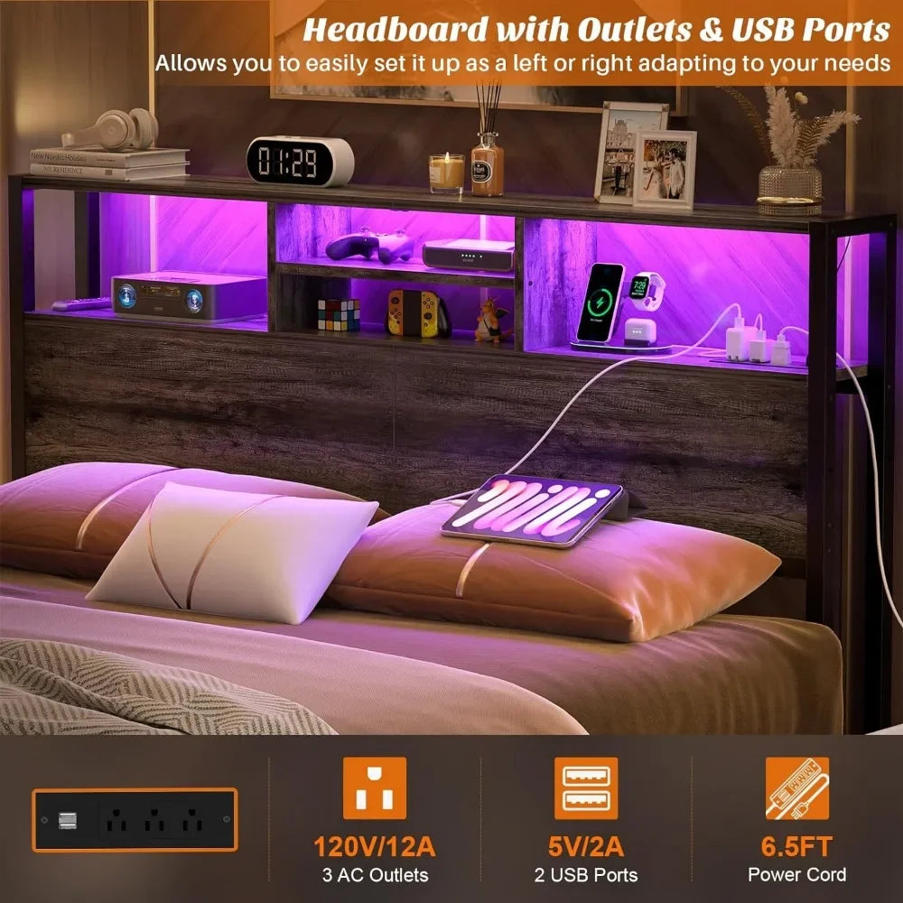 Queen Size Headboard with Outlets, USB Ports and LED Light and Storage, Height Adjustable, Headboard for Queen Size Bed Frame